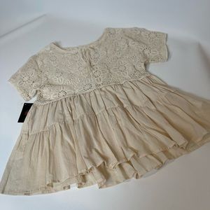 NEW! ikeddi Cream and Lace Shirt w/Tie Front. Tag Removed. 100% Cotton. Size M?